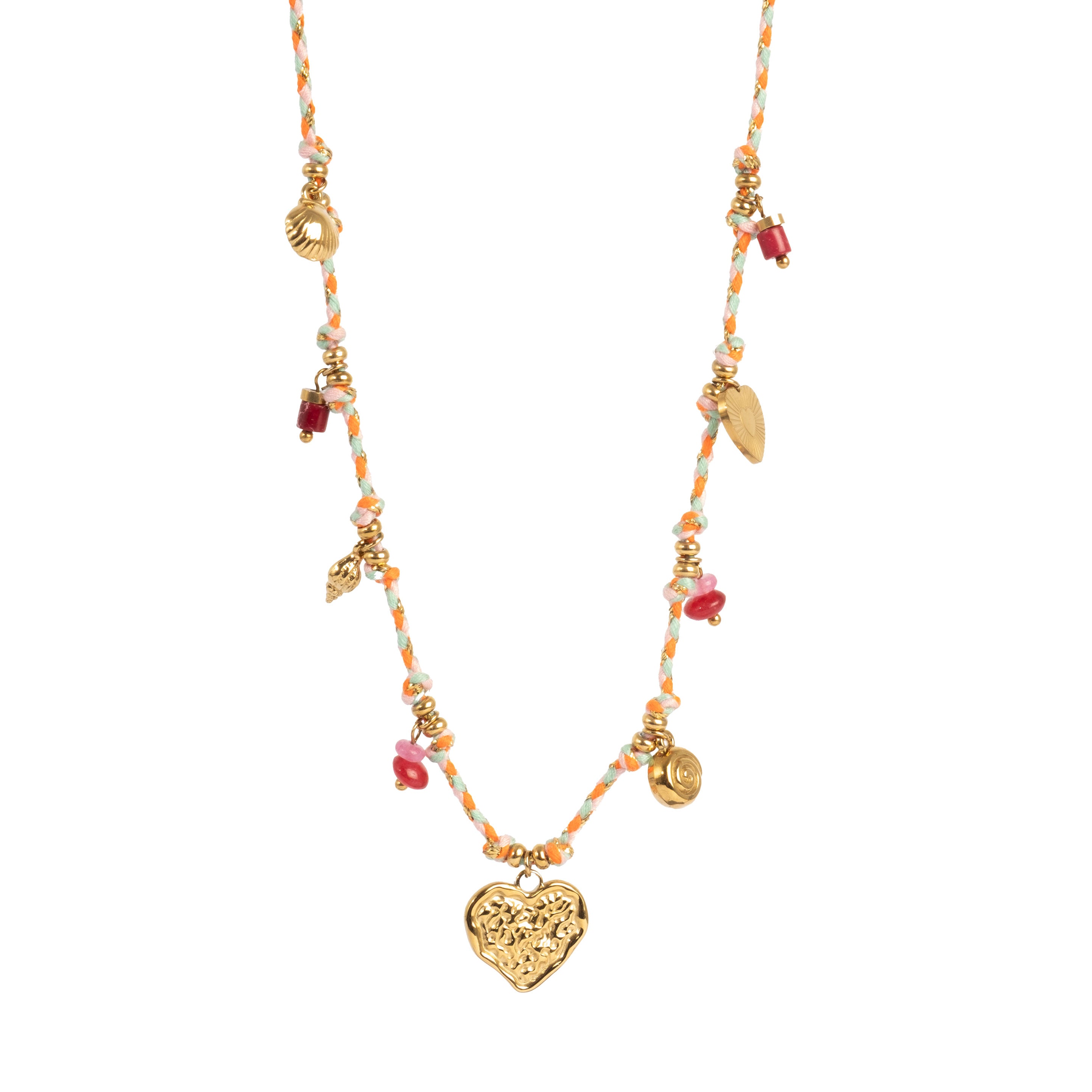 A&C Oslo corded necklace featuring a delicate gold heart pendant and 14K gold plated icons with colorful beads hanging from a colourful corded chain at Cerise NZ