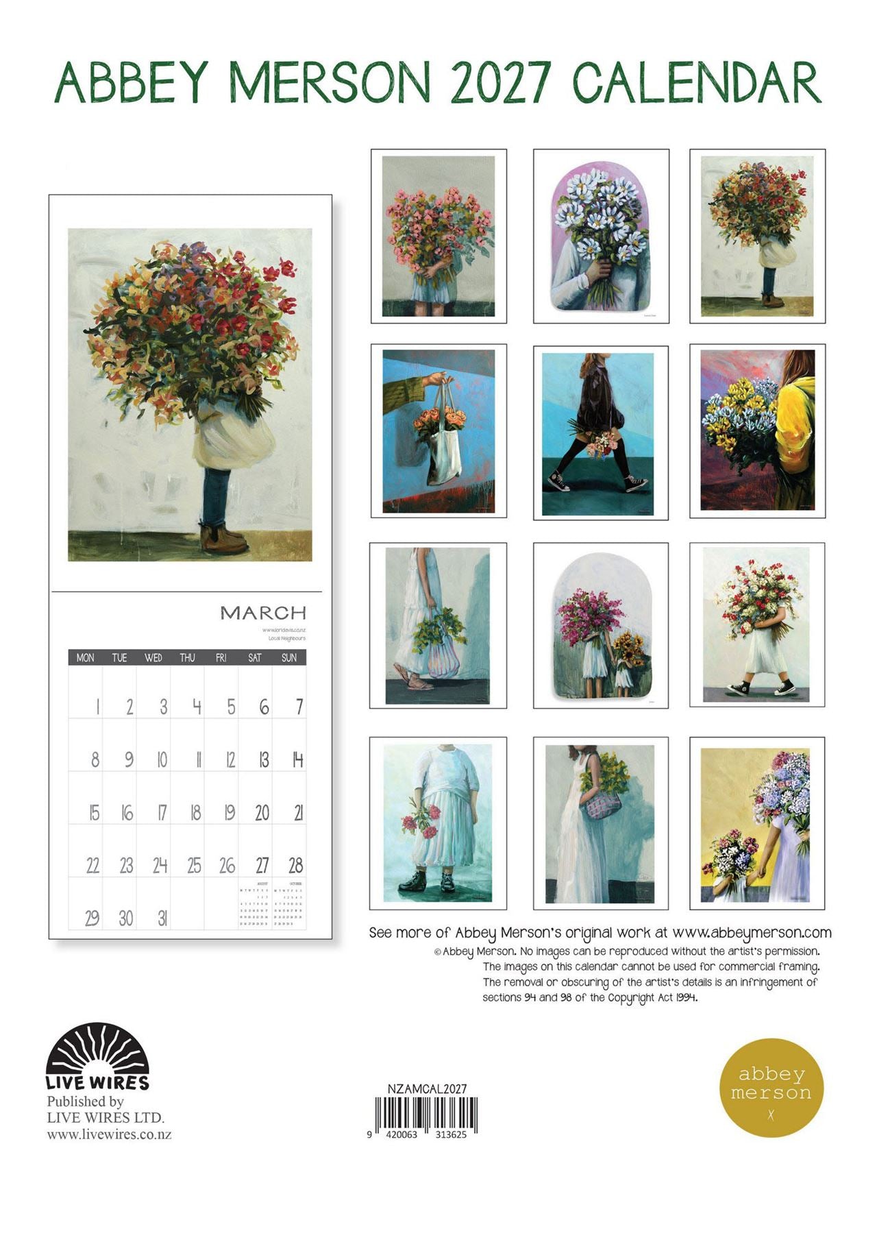2027 Abbey Merson Wall Calendar at Cerise. Designed and printed in New Zealand.