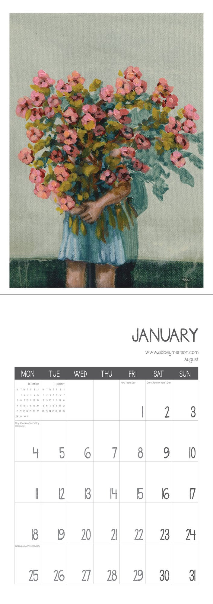 2027 Abbey Merson Wall Calendar at Cerise. Designed and printed in New Zealand.