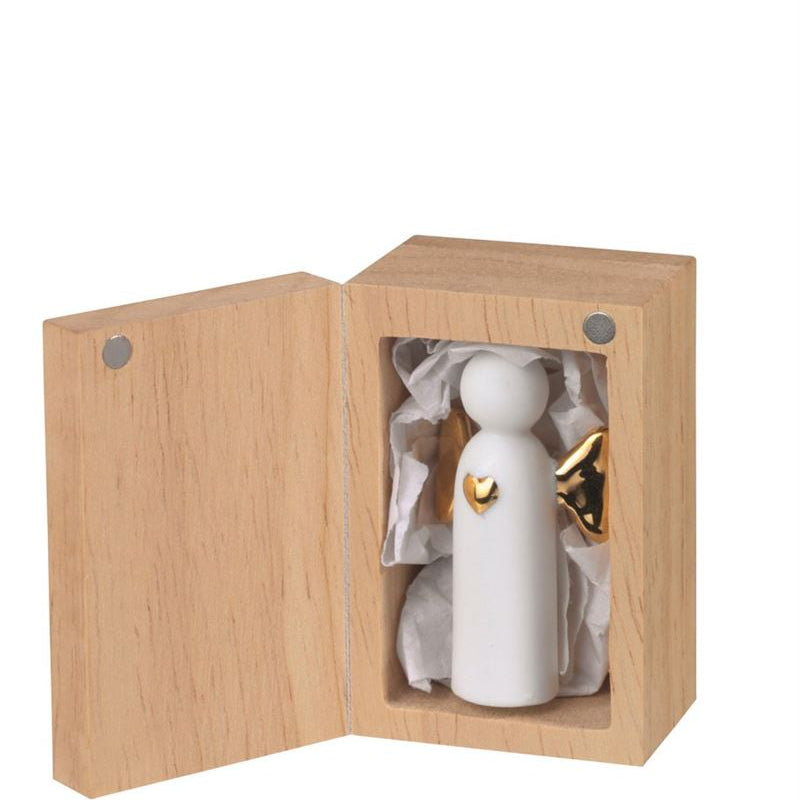 Small Porcelain white angel with gold heart in wooden keepsake box