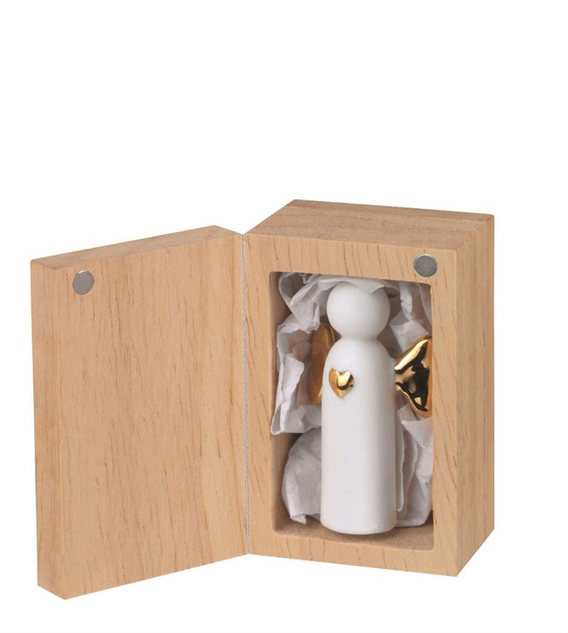 Small Porcelain white angel with gold heart in wooden keepsake box