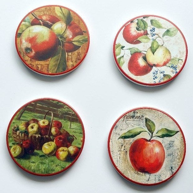 set of 4 coasters featuring a different type of apple