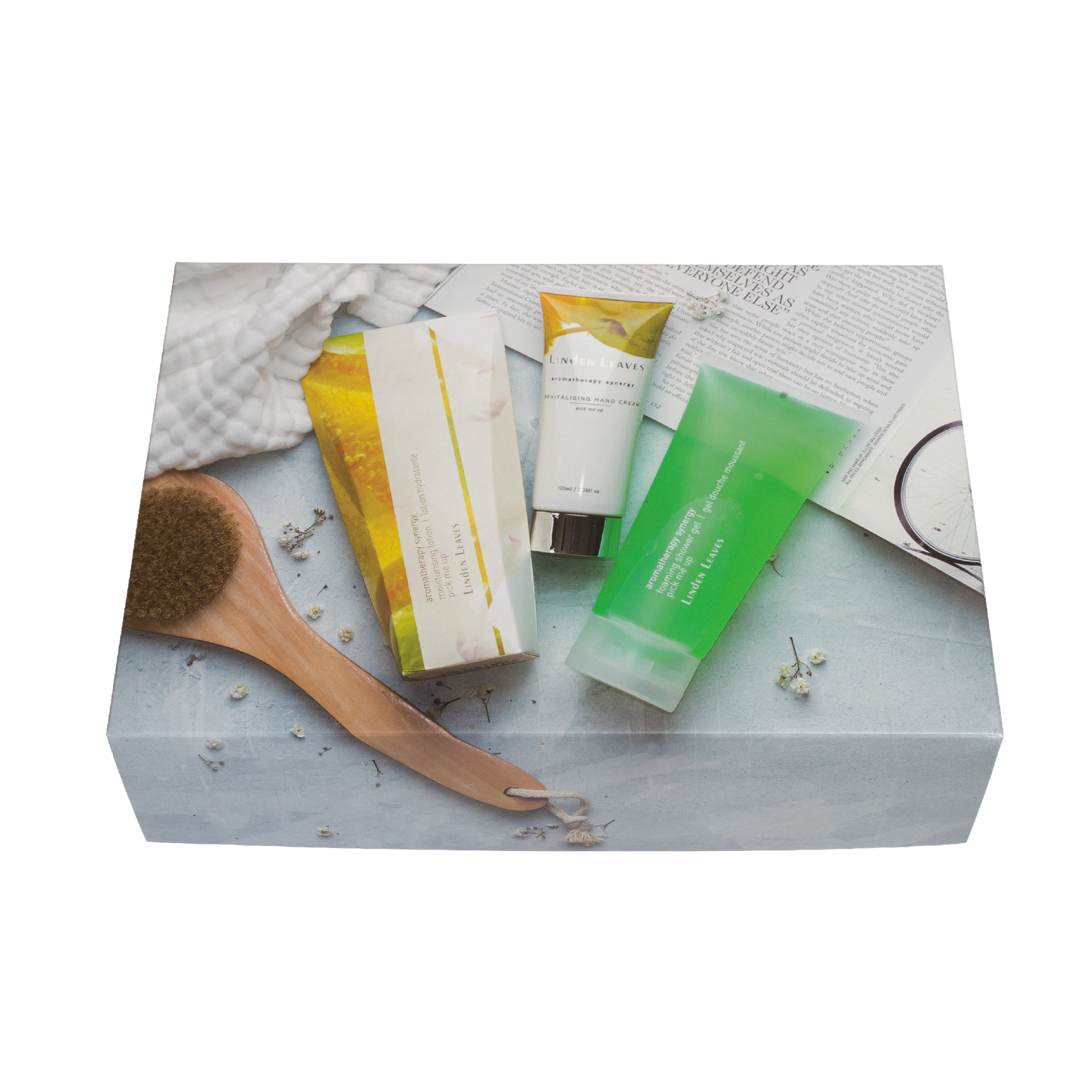 Linden Leaves Aromatherapy Synergy  Pick Me Up Gift Set including a 200ml Body Wash, 200ml Body Lotion and 100ml handcream all made in New Zealand and presented in a beautiful gift box at Cerise.