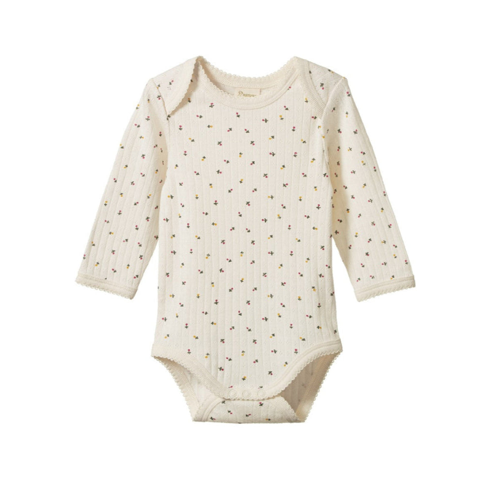 Nature Baby long sleeve body suit in pointeel cotton with a small aster floral print