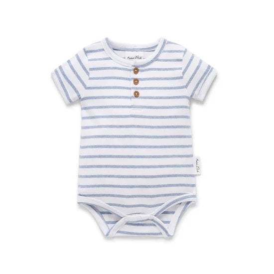 Blue and white striped cotton henley style onsie with wooden buttons for baby