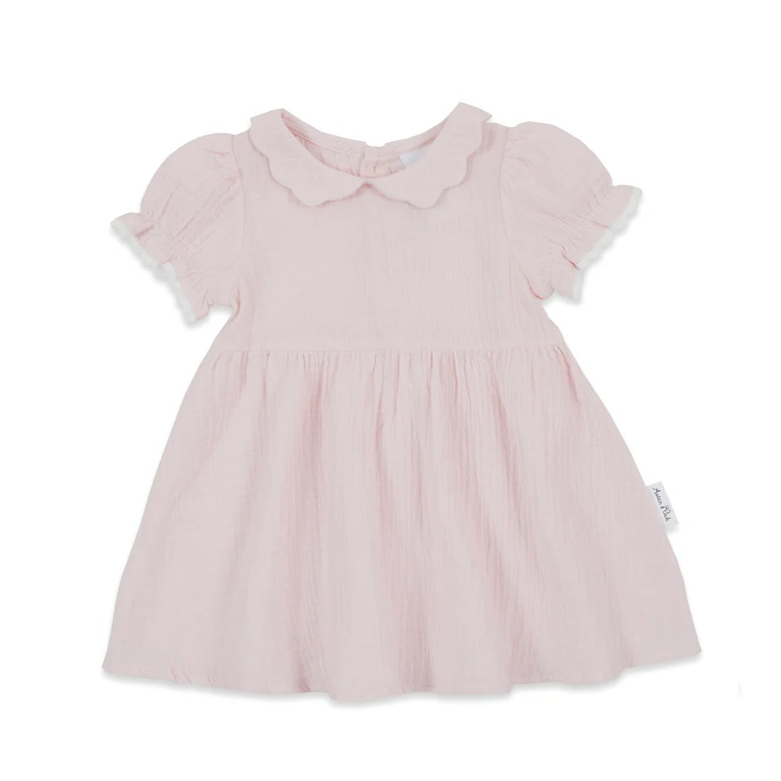 soft blush pink mislin dress with collar and puff sleeves