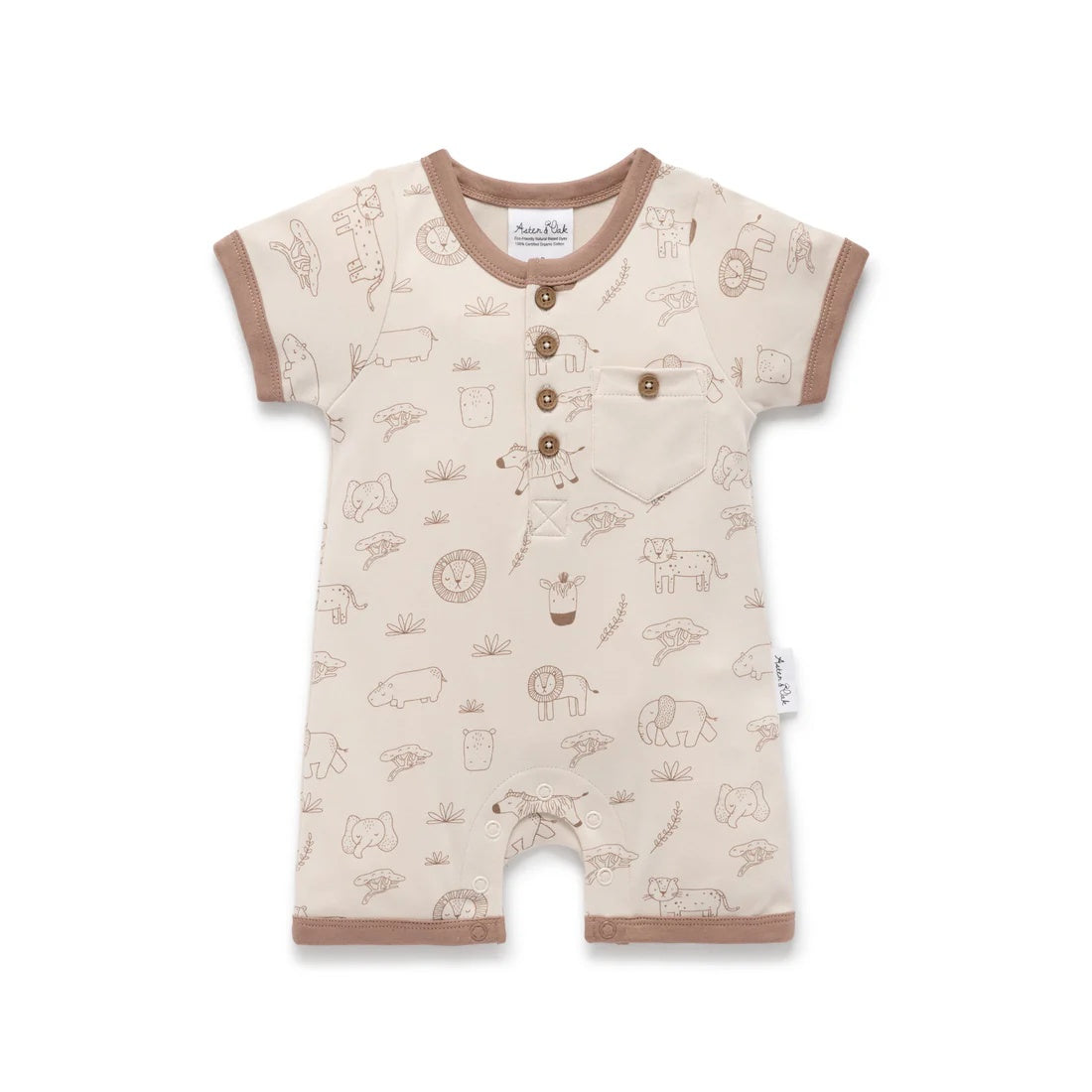 Baby Romper featuring a safari animal print in earthy tones and wooden style buttons with front pocket.