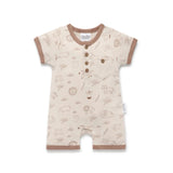 Baby Romper featuring a safari animal print in earthy tones and wooden style buttons with front pocket.