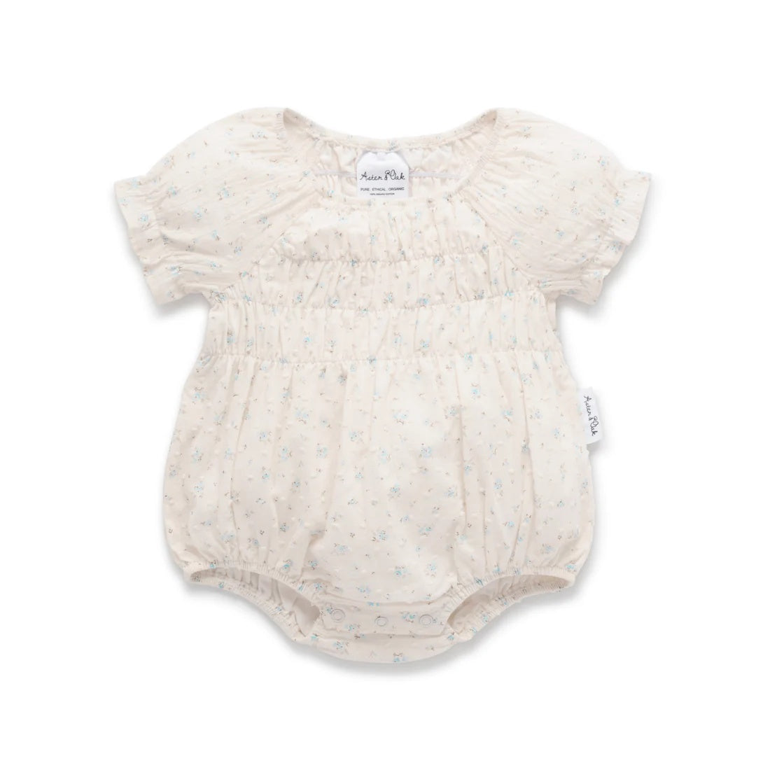 Sofia ubble Romper in soft cotton with flue floral design and soft gathers in bodice. dome crotch opening