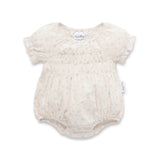 Sofia ubble Romper in soft cotton with flue floral design and soft gathers in bodice. dome crotch opening