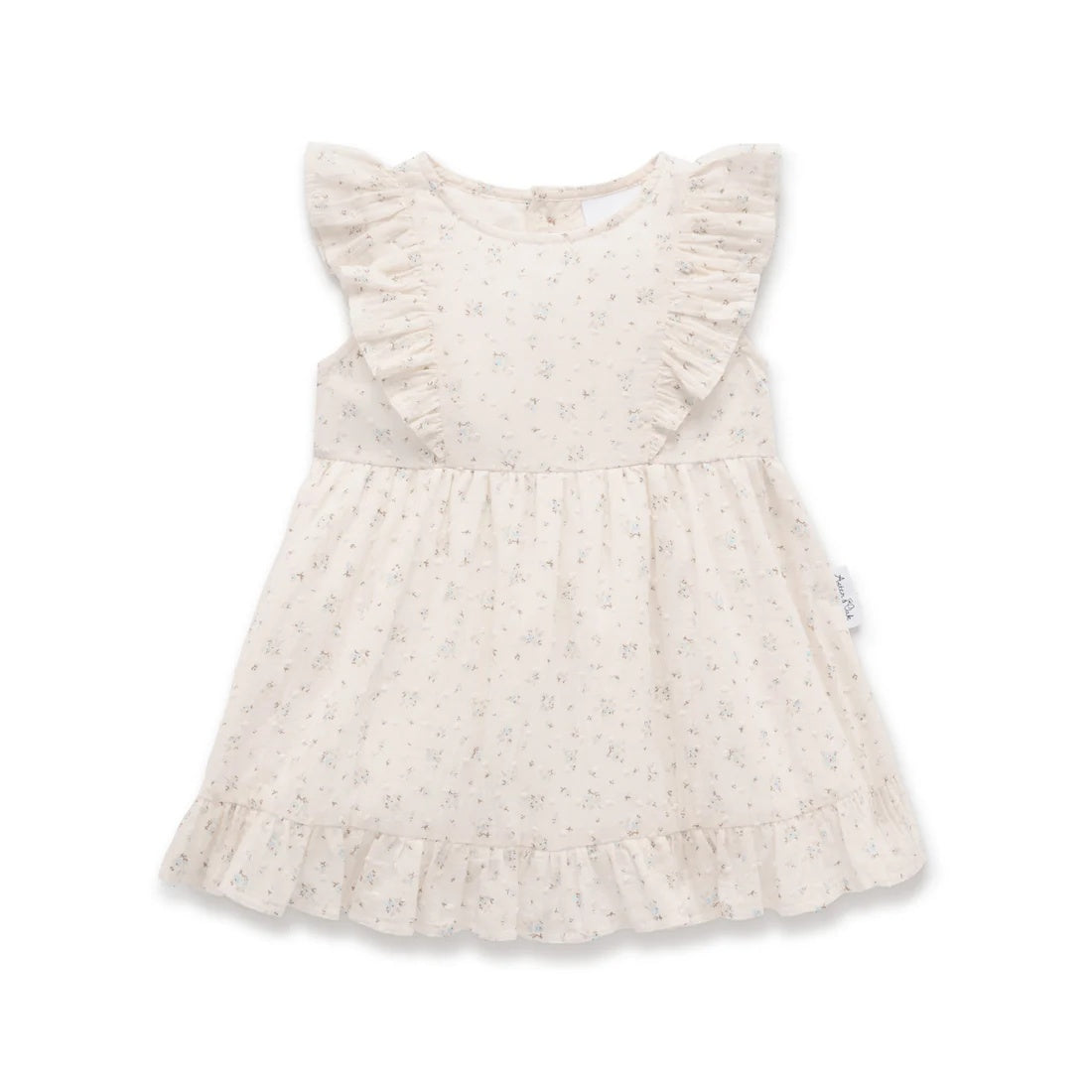 Cotton dress with soft floral print and ruffle on bodice and hemlime to fit a 2 year old girl.