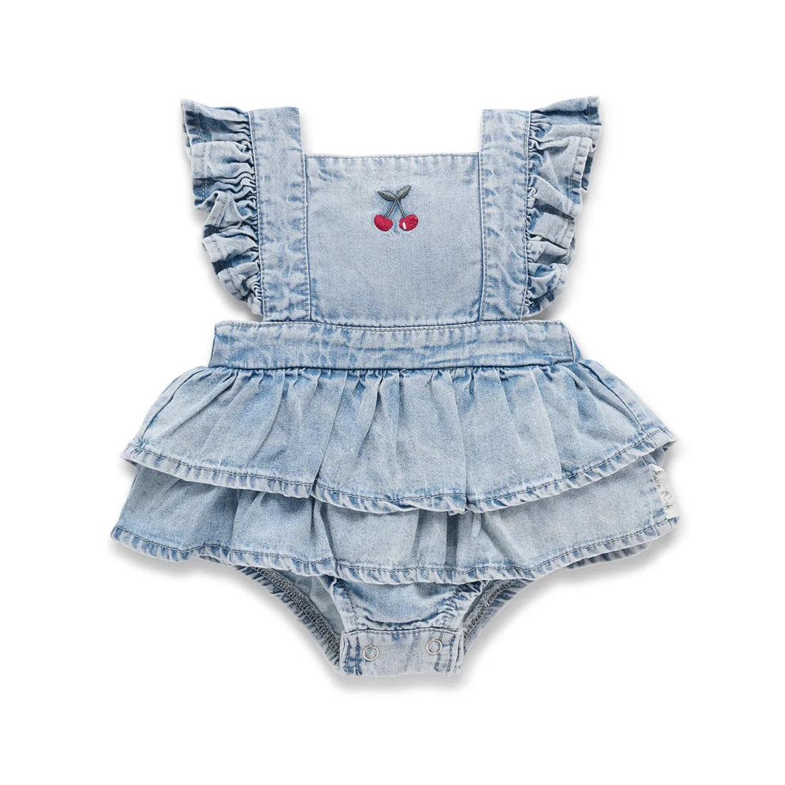 Soft Tencel denim baby playsuit with ruffles and embroidered cherry on the bodice