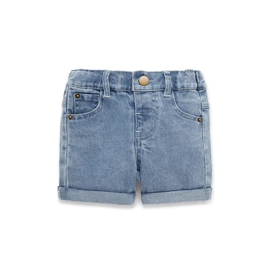 Kids demin short in midwash cotton with half elastic waist