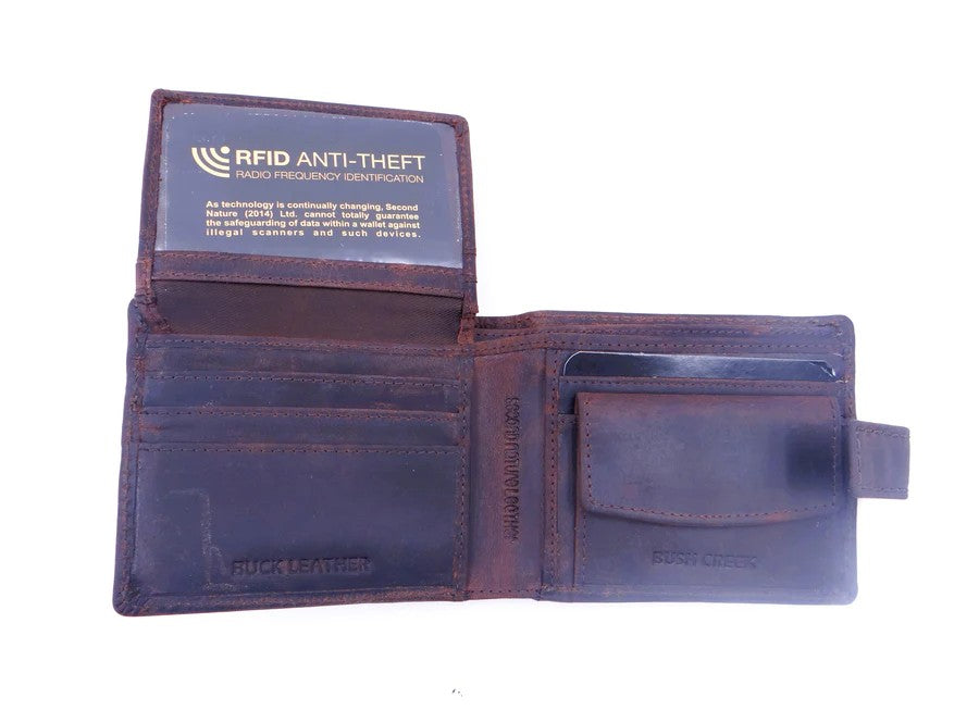 Brown leather wallet with RFID anti-theft feature on a white background