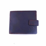 Blue leather wallet with a brand logo on a white background