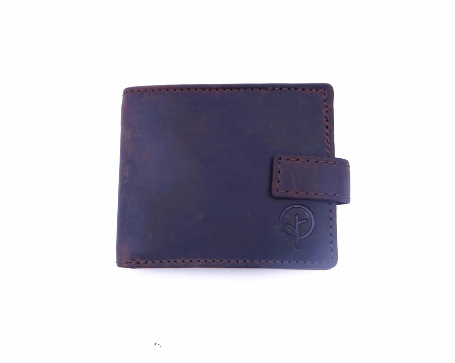 Blue leather wallet with a brand logo on a white background