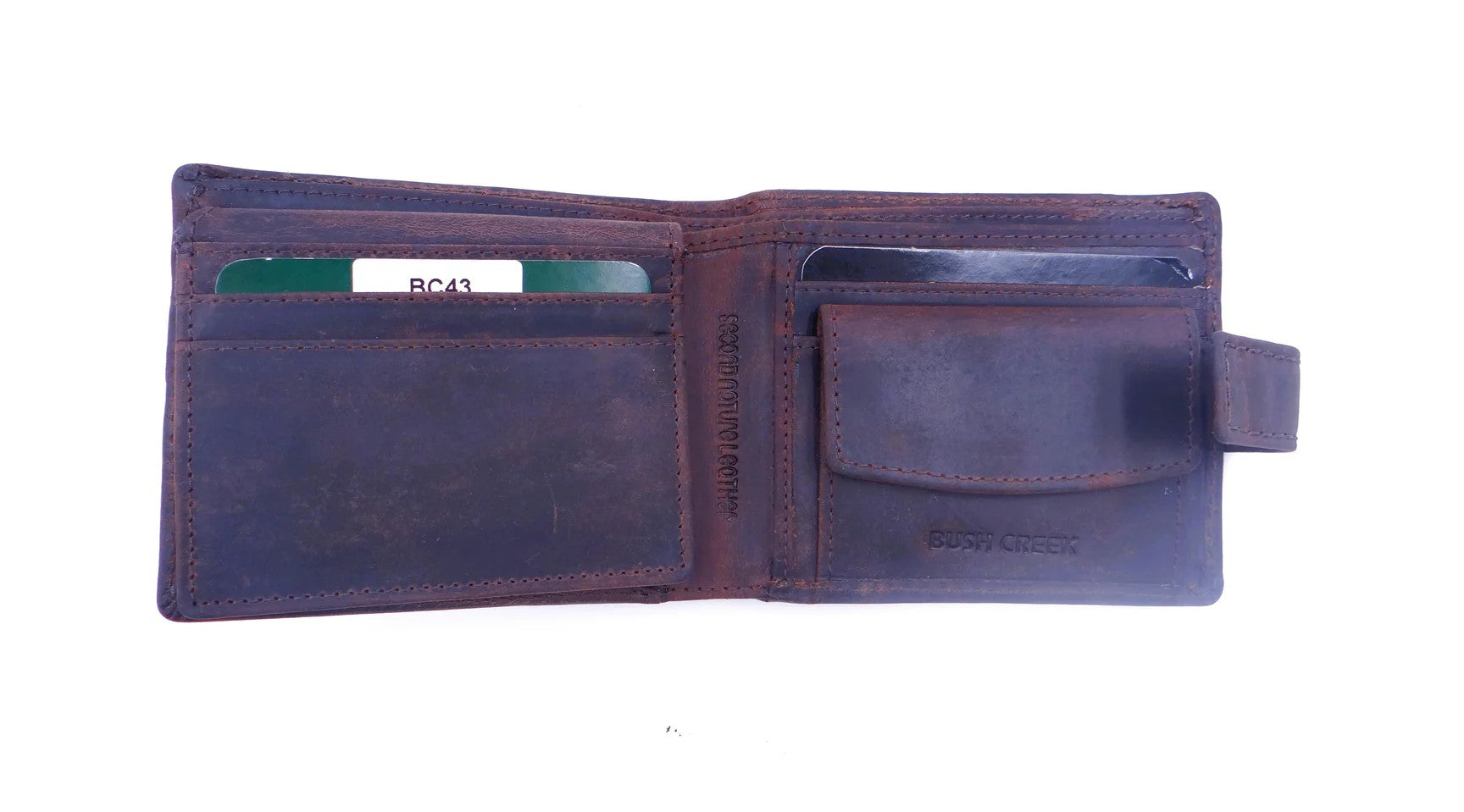 Brown leather wallet open on a white background