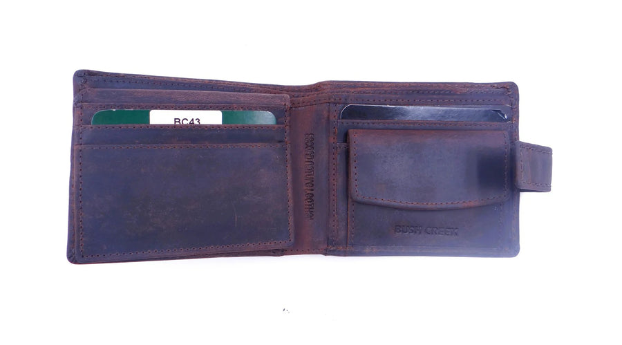 Brown leather wallet open on a white background