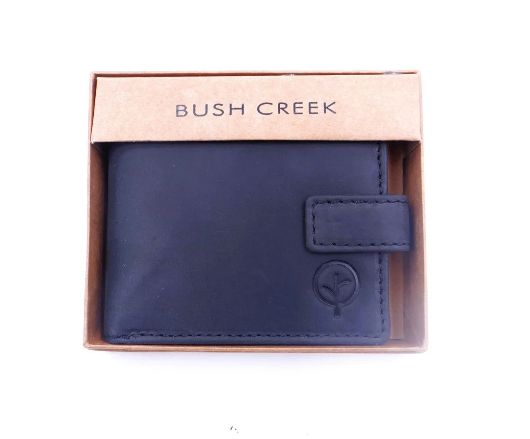 Grey wallet in a 'Bush Creek' branded box on a white background