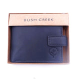 Grey wallet in a 'Bush Creek' branded box on a white background