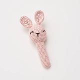 Over the Dandelions Bunny rattle at Cerise.  Crocheted from 100% cotton in a beautiful soft blush colour.  Has a little bell inside to jingle and capture babies attention.