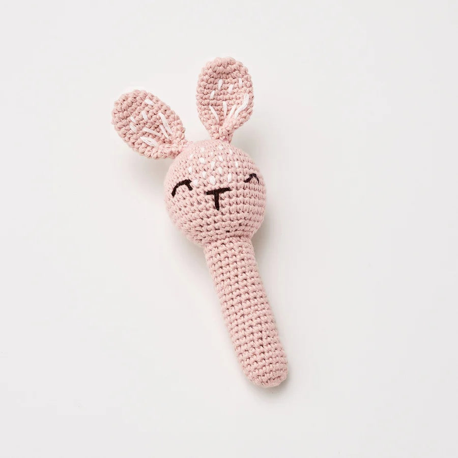 Over the Dandelions Bunny rattle at Cerise.  Crocheted from 100% cotton in a beautiful soft blush colour.  Has a little bell inside to jingle and capture babies attention.