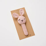 Over the Dandelions Bunny rattle at Cerise.  Crocheted from 100% cotton with polyester filling and finished in a beautiful soft blush colour.  Has a little bell inside to jingle and capture babies attention