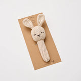 Over the Dandelions Bunny rattle at Cerise.  Crocheted from 100% cotton with polyester filling and finished in a beautiful natural sand colour.  Has a little bell inside to jingle and capture babies 