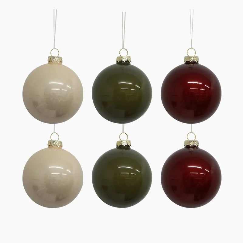 2 x green, 2 x red, 2 x cream festive baubles