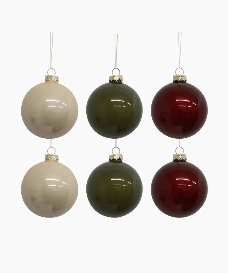 2 x green, 2 x red, 2 x cream festive baubles