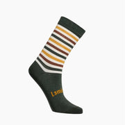 Lamington Merino NZ made cosy socks in Billie pattern of Green foot with green, maroon and mustard stripes