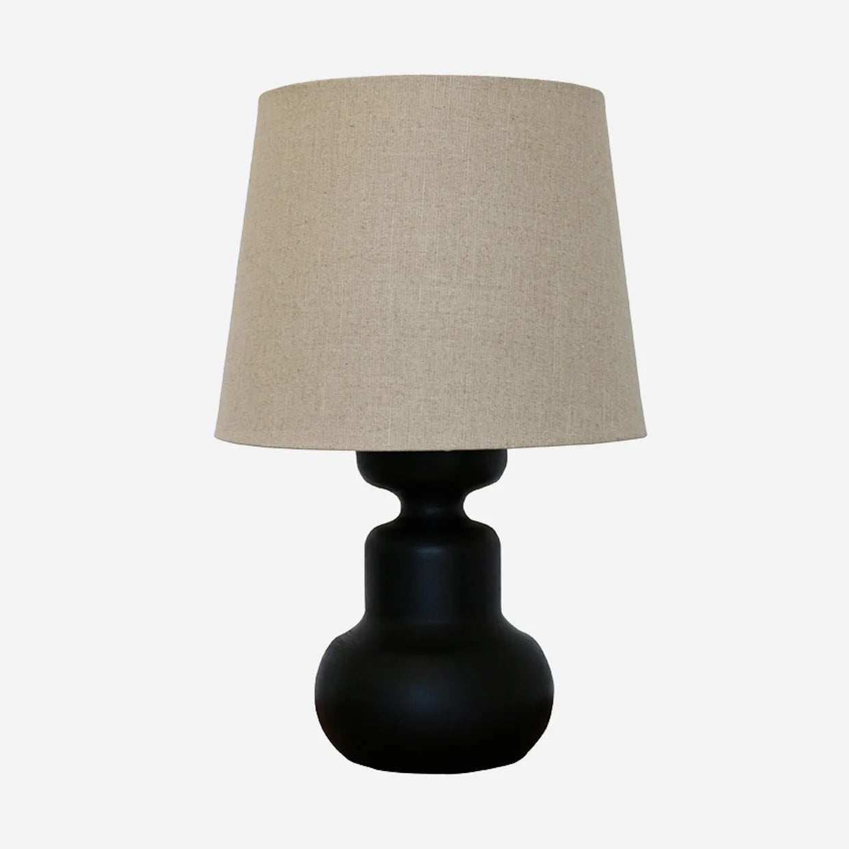 Black Java Wooden Urn Lampbase with tall drum shade at Cerise.