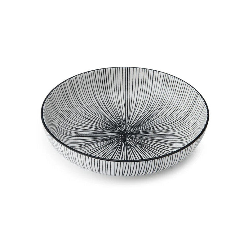 Decorative ceramic bowl with black stripe lines on a white background