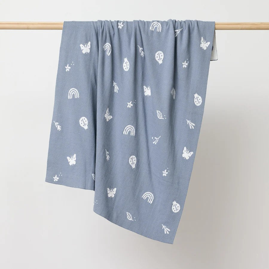 A beautiful and thoughtful newborn baby gift, this premium knitted baby blanket in Enchanted Garden Design, is designed to be treasured for years to come. Finished in a SKY blue colour and fully reversible, its made from certified organic cotton, it is wonderfully soft, warm, and cosy, making it perfect for keeping little ones comfortable from day one.