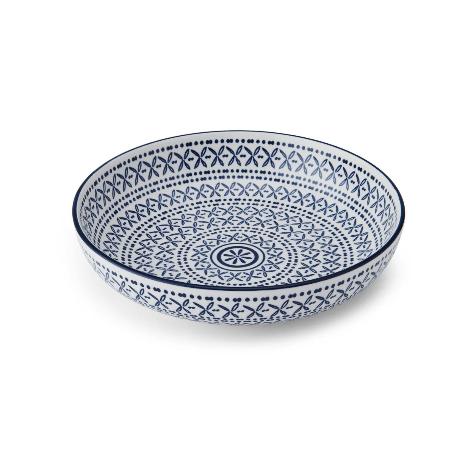 Ceramic bowl with blue geometric pattern on a white background