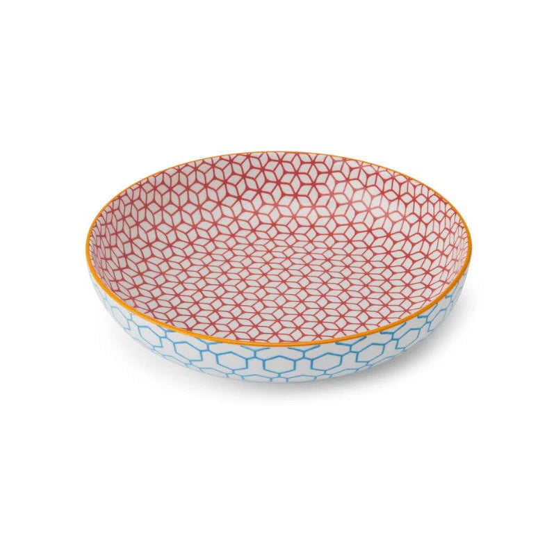 Decorative ceramic bowl with a red and blue pattern on a white background