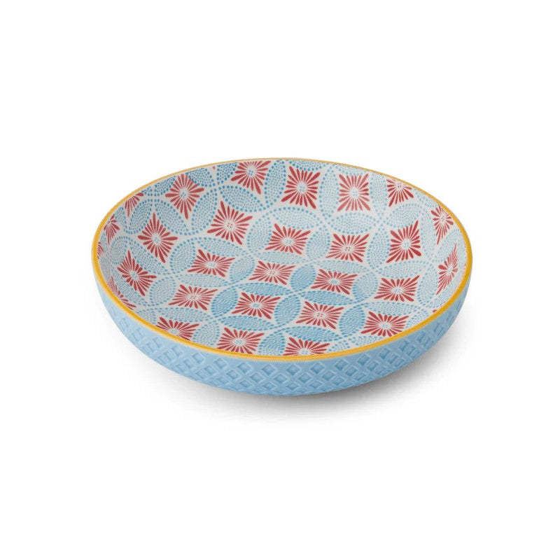 Decorative bowl with a blue and red  geometric pattern on a white background