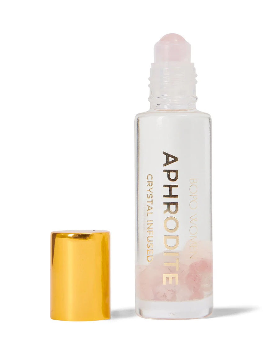 Bopo perfume oil roller in aphrodite fragrance with rose quartz crystal roller