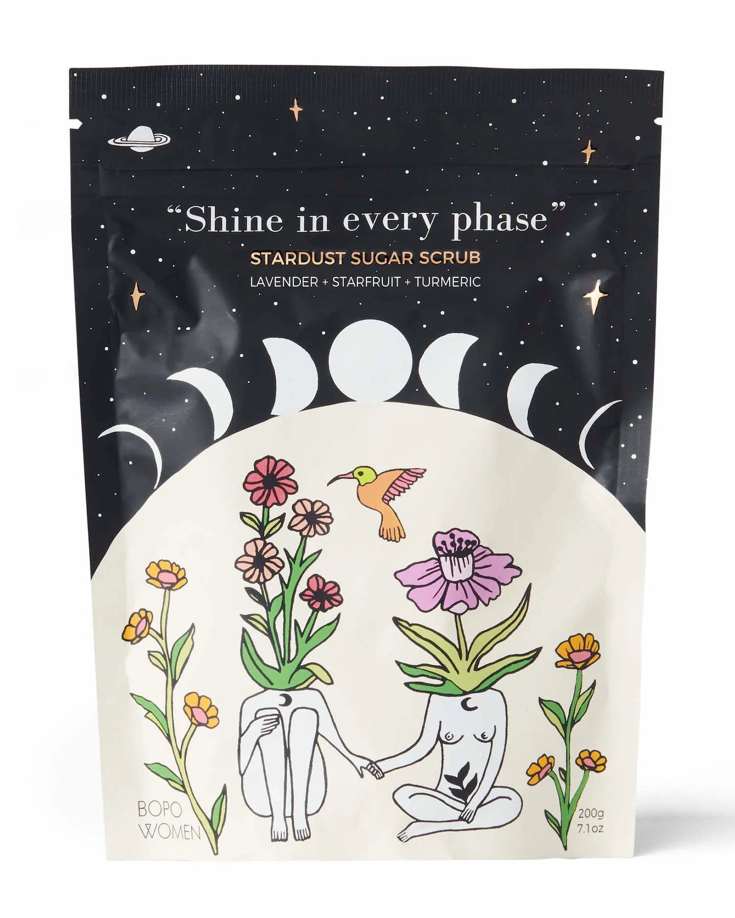 Bopo Women Stardust Sugar Scrub at Cerise, made using no artificial ingredients and  100% natural essential oils of lavender and sweet orange.  Leaves your skin feeling deeply moisturised and smelling like a zesty orange dream. Resealable Bag contains 200grams.