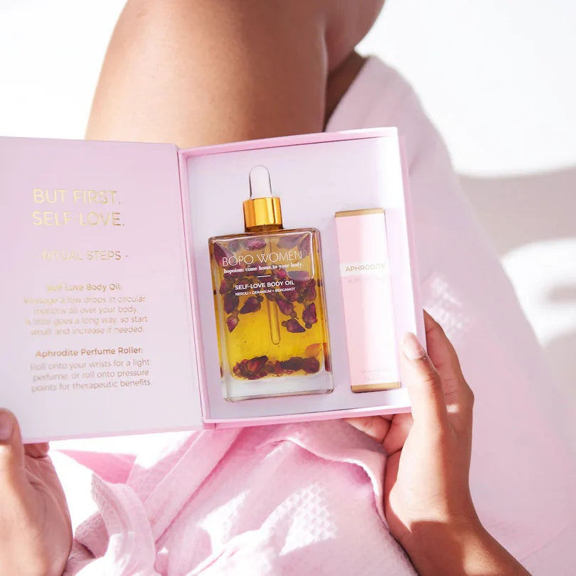 Bopo Women self-love gift set including a Self Love Body Oil in glass bottle and Aphrodite Perfume Roller