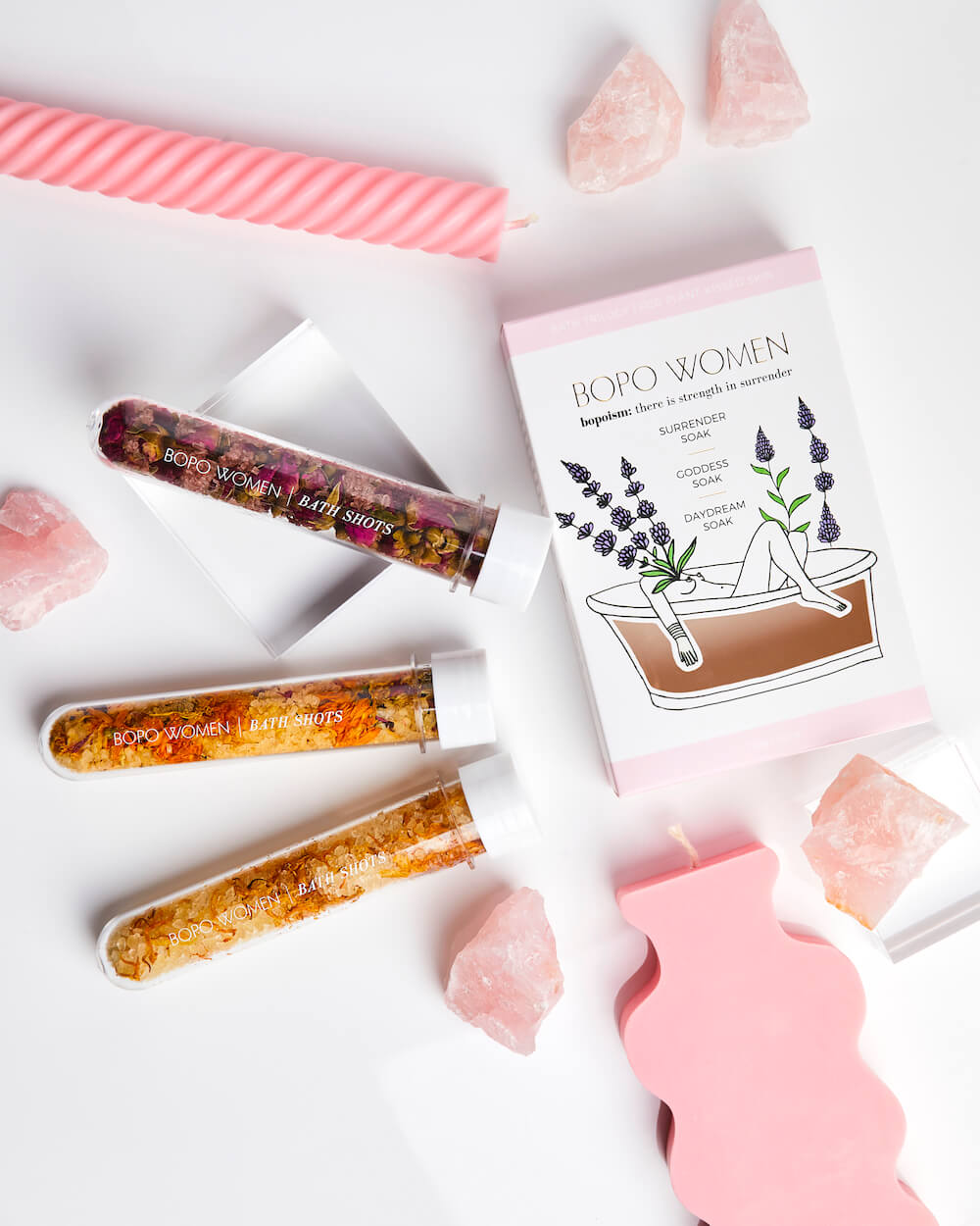 Bopo Women bath trilogy set of 3 Bath shots containing essential oil infused bath salts.