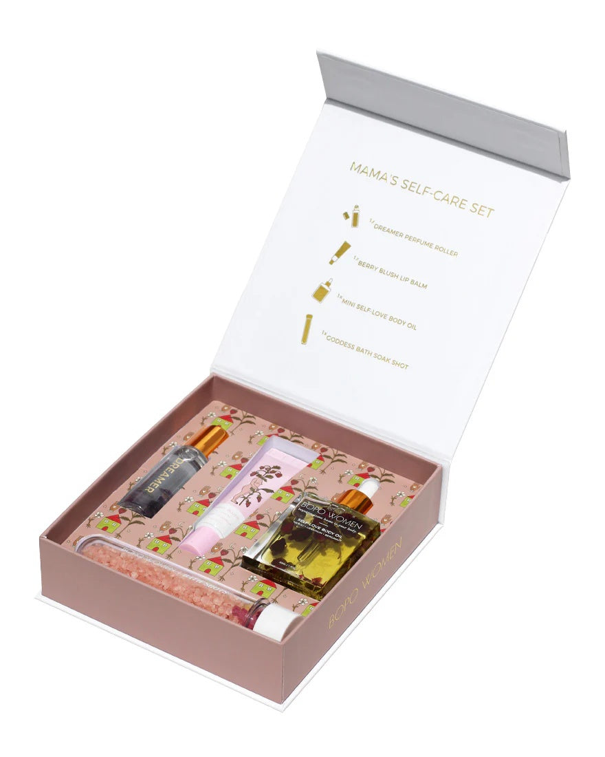 Bopo Women's Mama's self care kit, beautifully gift boxed including a Self love body oil, Dreamer perfume oil roller, Nourishing Lip Balm and Bath salt shot.