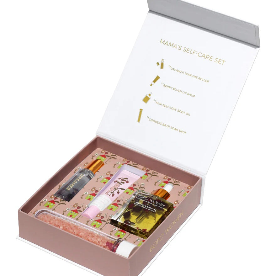 Bopo Women's Mama's self care kit, beautifully gift boxed including a Self love body oil, Dreamer perfume oil roller, Nourishing Lip Balm and Bath salt shot.