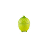 Bordallo Pinheiro Citron Box at Cerise.  Made in Portugal in the shape of a yellow lemon.  The lid lifts off to store keepsakes or condiments inside.