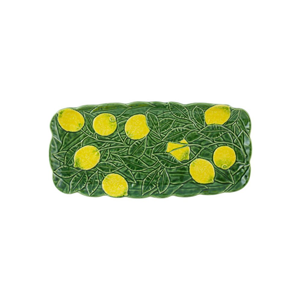 Bordallo Pinheiro Citron Tart Tray at Cerise.  Made from Earthenware in Portugal and beautifully finished in dark gree glze with featured lemon motifs. 
