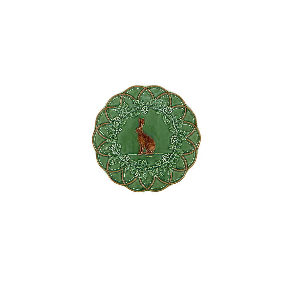 Bordallo Pinheiro Fruit plate in Hare design ant Cerise.  Made from beautifully glaszed earthenware in Portual and featuring a stunning handpainted hare design.