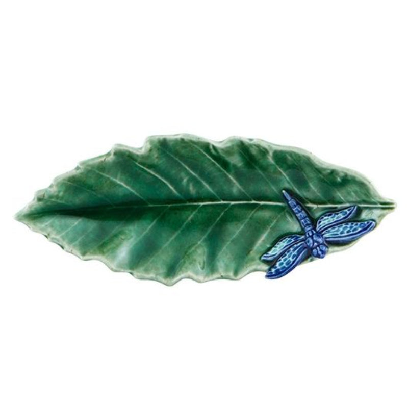 Green leaf-shaped dish from Bordallo Pinheiro with a blue dragonfly at Cerise 