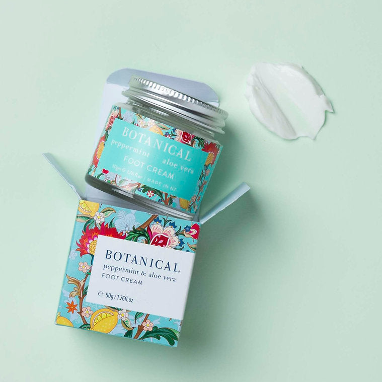Botanical Foot Cream in a 50g jar at Cerise.  Lovely Peppermint and Aloe Vera Fragrance to leave tired feet soft and refreshed.