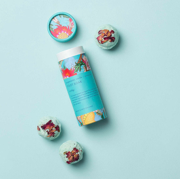 Botanical Foot soak Trio at Cerise.  Comes in a gorgeous cardboard tube and each footsoak is topped with botanical petals.  A beautiful gift for tired feet.