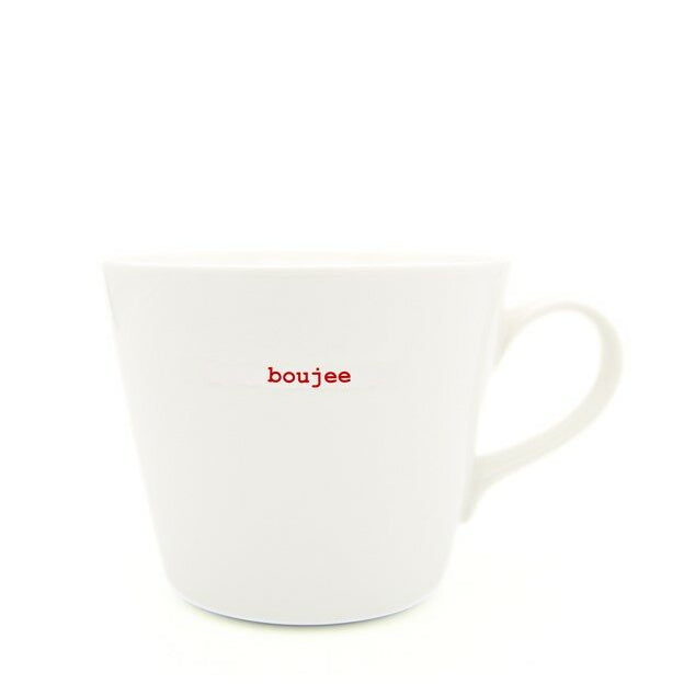 White mug with 'boujee' text in red on a white background